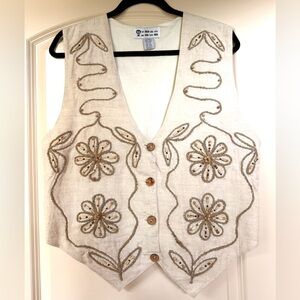 Women's Cream Cotton & Flax Embroidered & Wooden Beads Vest Y2K Western Country